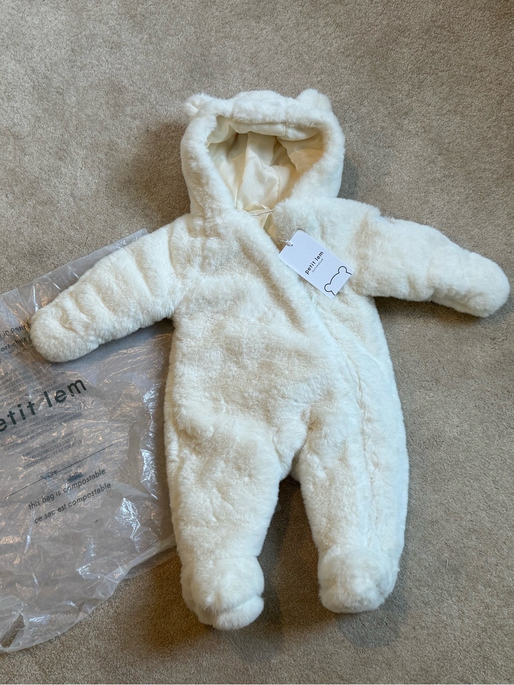 Petit Lem Plush fur Pram Cream Hooded One-Piece Footie with mitts